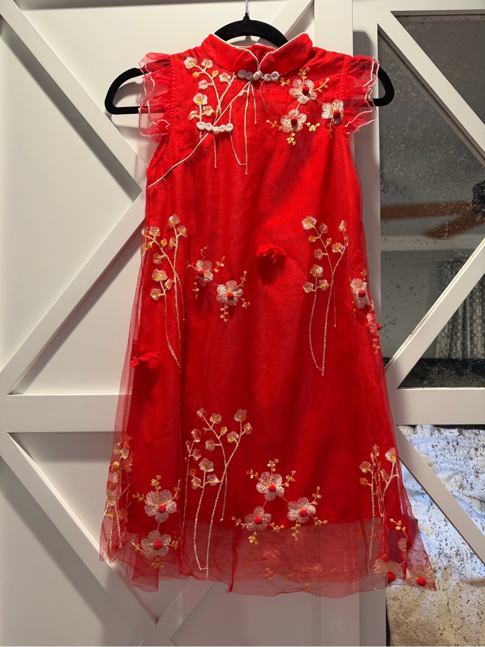 Red Floral Embroidered Tulle Dress
